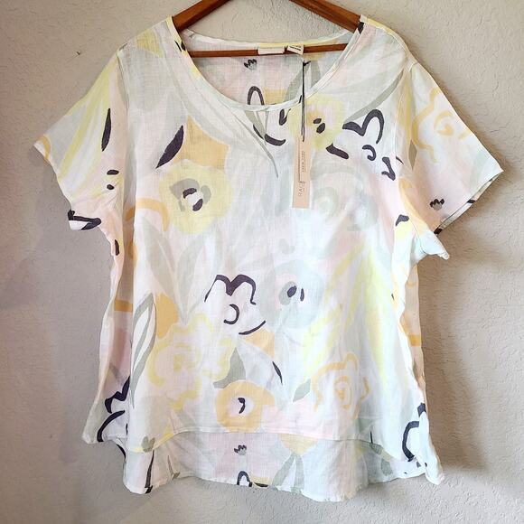 Womens Rachel Zoe 2X 100% Linen Floral Leaf Tunic Top Blouse Round‎ Hem Vacation - Picture 1 of 5